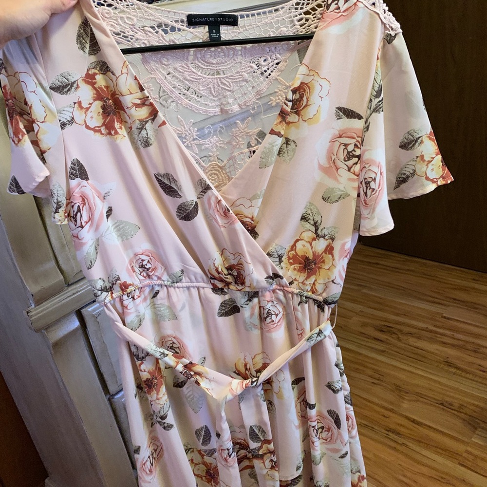 Wrap style pink floral dress